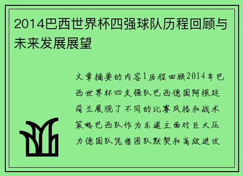 2014巴西世界杯四强球队历程回顾与未来发展展望
