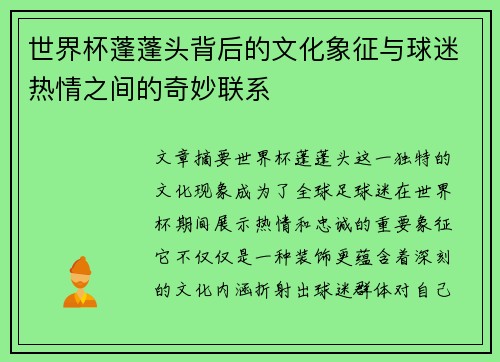 世界杯蓬蓬头背后的文化象征与球迷热情之间的奇妙联系