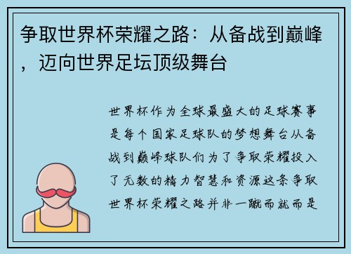 争取世界杯荣耀之路：从备战到巅峰，迈向世界足坛顶级舞台