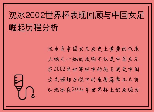 沈冰2002世界杯表现回顾与中国女足崛起历程分析