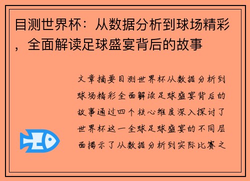 目测世界杯：从数据分析到球场精彩，全面解读足球盛宴背后的故事